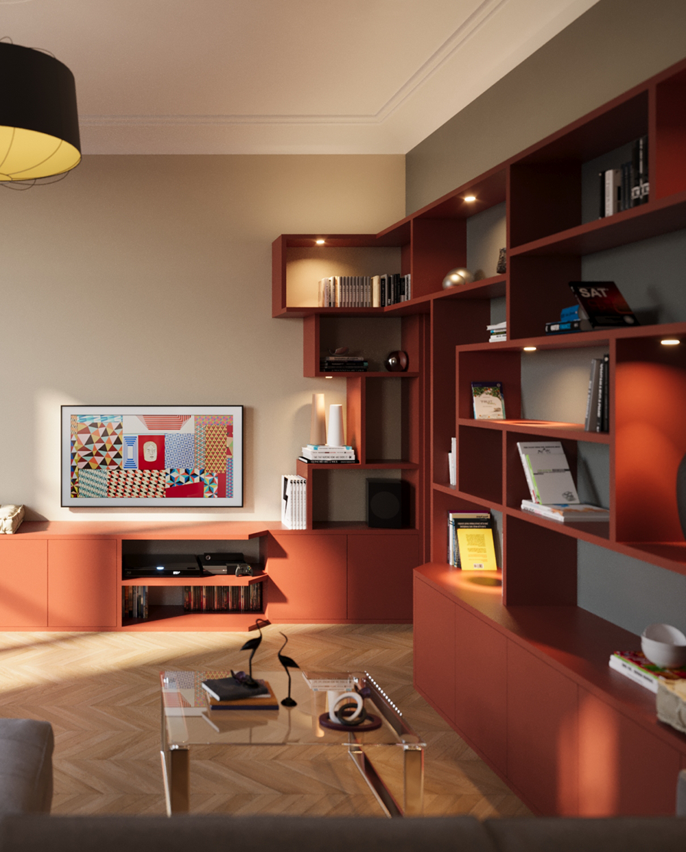 Open concept light wood floor kitchen room design with white walls (Demo)